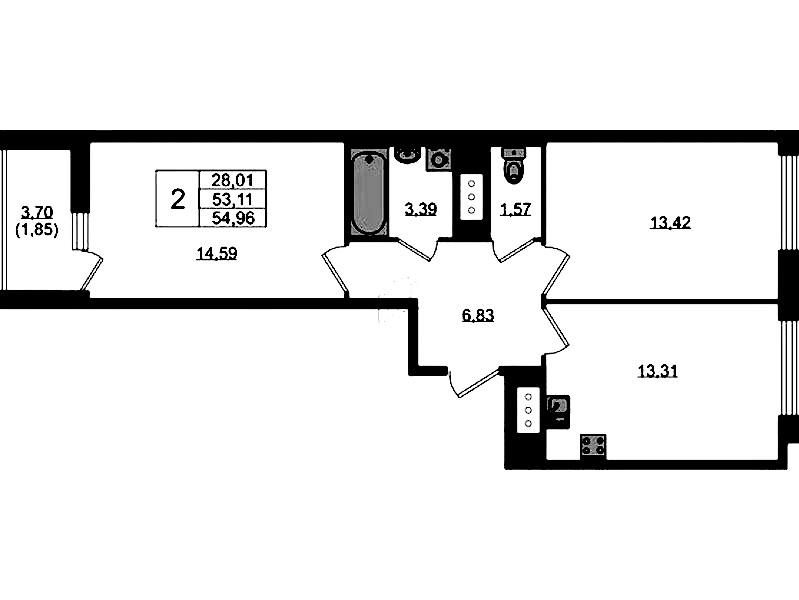 2-комнатная квартира 54.96 м², 9/10 эт., ЖК «UP! Квартал Новый Московский»
